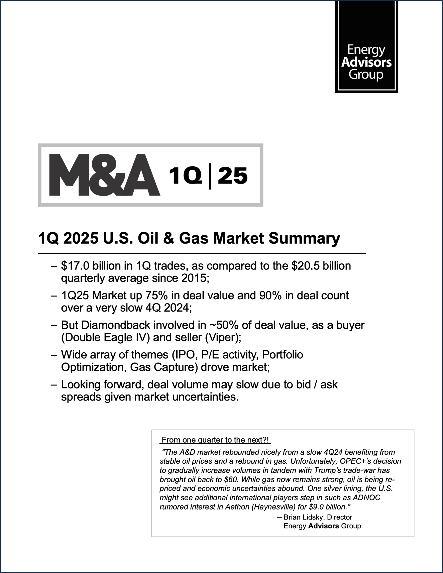 01Q25 QUARTERLY M&A REPORT - Energy Advisors Group 01Q25 QUARTERLY M&A REPORT